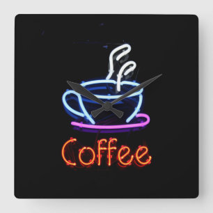 Neon Coffee Sign Quadratische Wanduhr