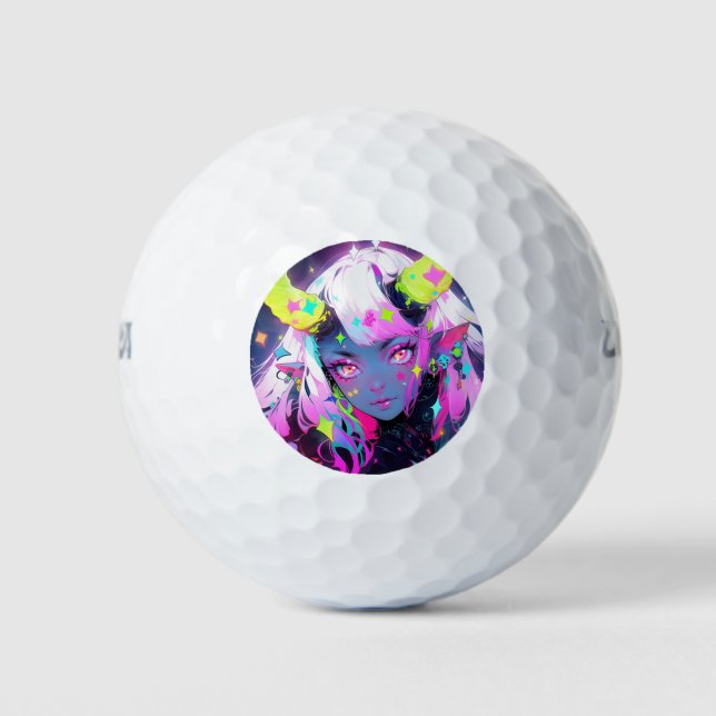 Neon Colorful Kawaii Demon Anime Girl Golfball (Vorderseite)