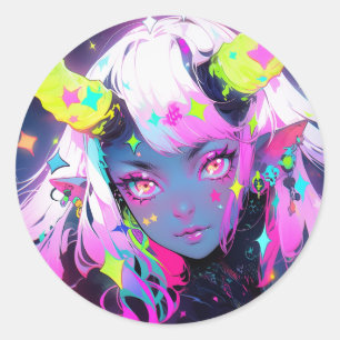 Neon Colorful Kawaii Demon Anime Girl Runder Aufkleber