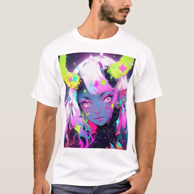 Neon Colorful Kawaii Demon Anime Girl T-Shirt (Vorderseite)