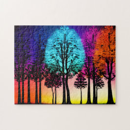 Neon Colors Invade Silhouette Black Trees Puzzle