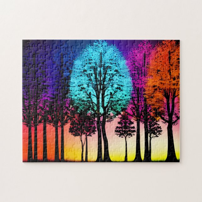 Neon Colors Invade Silhouette Black Trees Puzzle (Horizontal)