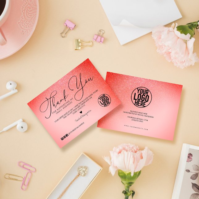 Neon Coral Pink Glitzer Script Kunde Vielen Dank Visitenkarte (Von Creator hochgeladen)