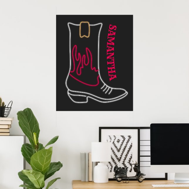 Neon Cowboy Boot Anpassbarer Name Poster (Heimbüro)