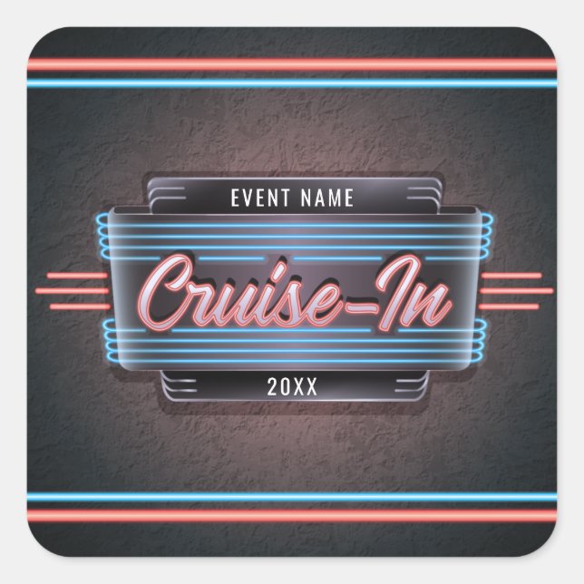 Neon Cruise-in-Aufkleber Quadratischer Aufkleber (Vorderseite)