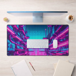 Neon Cyan Magenta Cyberpunk-Stadtlandschaft Gamer Schreibtischunterlage