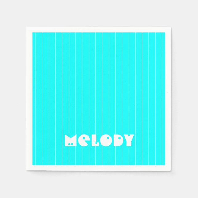 Neon Cyan White Thin Vertikal Stripname Serviette (Vorderseite)