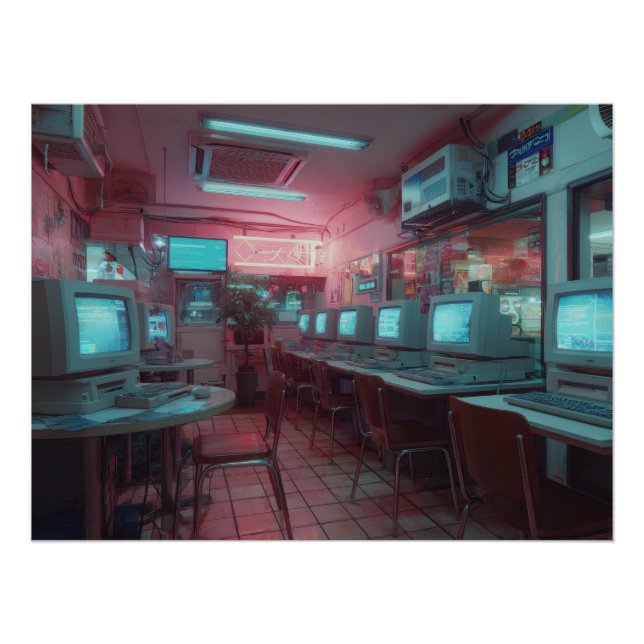 Neon Cyber Café mit Retro-Monitoren Poster (Vorderseite)