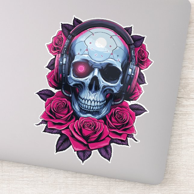 Neon Cyber Death Skull und Rose Aufkleber (Detail)
