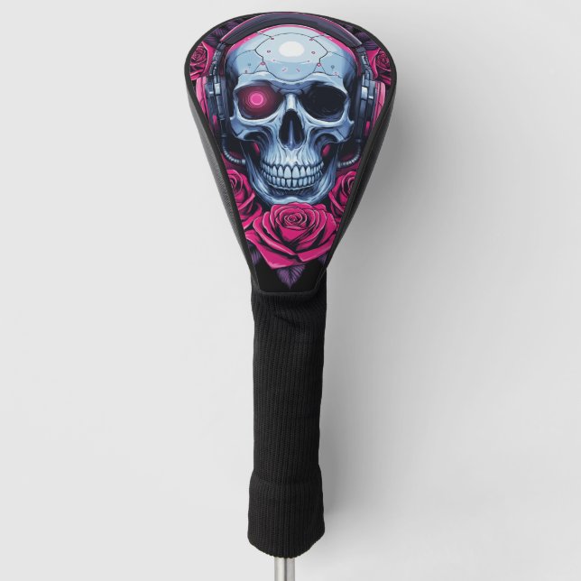 Neon Cyber Death Skull und Rose Black Golf Headcover (Vorderseite)