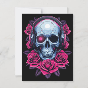 Neon Cyber Death Skull und Rose Black Postkarte