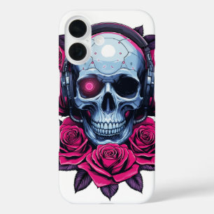 Neon Cyber Death Skull und Rose Weiß iPhone 16 Hülle