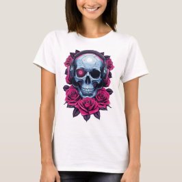 Neon Cyber Death Skull und Rose Weiß T-Shirt