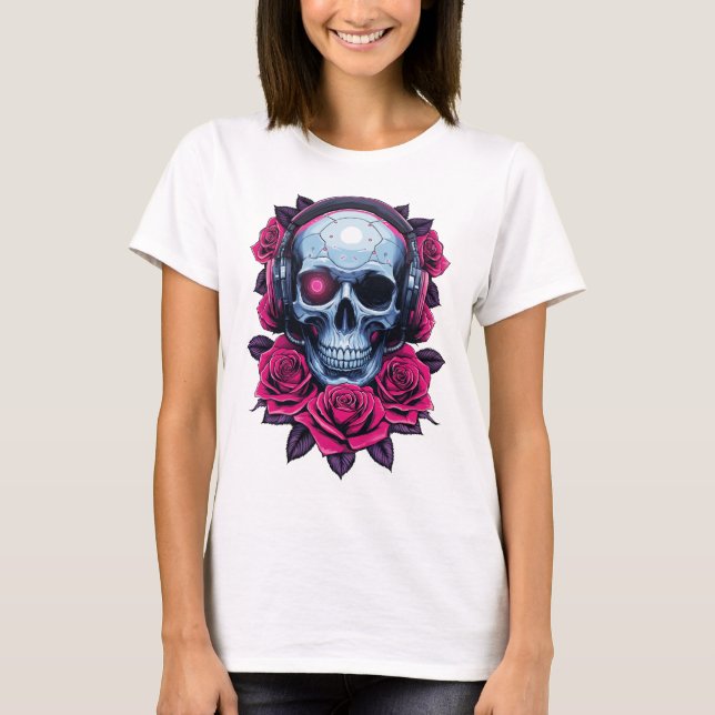 Neon Cyber Death Skull und Rose Weiß T-Shirt (Vorderseite)