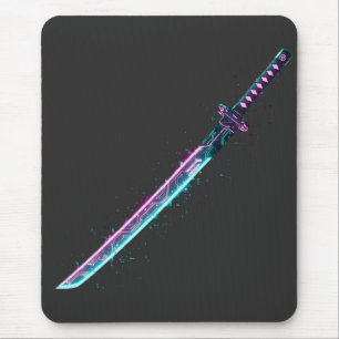 Neon Cyber-Katana: Digital Blade Tech-Mausepad Mousepad