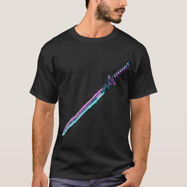 Neon Cyber-Katana: Digital Blade Tech T-Shirt (Vorderseite)