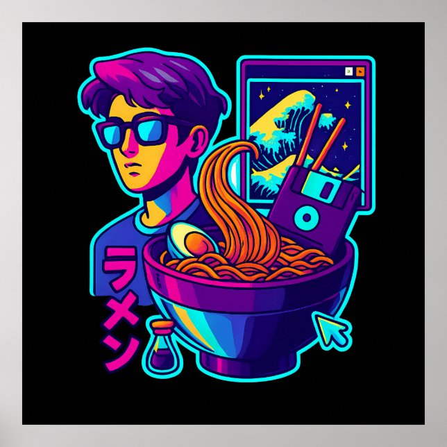 Neon Cyber Ramen - Vaporwave Retro Ästhetische Kun Poster (Vorne)