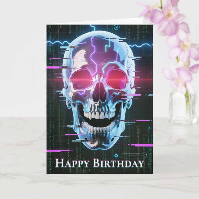 Neon Cyber Skull: Digitaler Vortrag Karte (Orchidee)