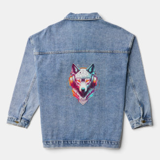 Neon Cyber Wolf Kopfhörer Y2K Jeansjacke