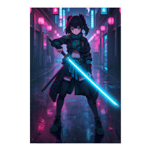 Neon-Cyberpunk-Anime-Girl mit leuchtendem Schwert
