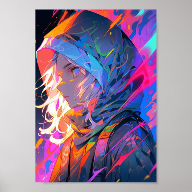Neon-Cyberpunk-Anime-Mädchen Poster (Vorne)