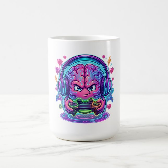 Neon Cyberpunk Gamer Brain Level Up Controller Kaffeetasse (Mittel)