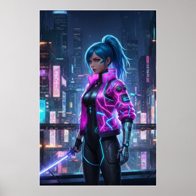 Neon Cyberpunk Girl | Futuristic City Warrior Poster (Vorne)