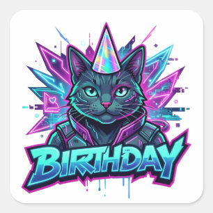 Neon-Cyberpunk-Katzen-Geburtstagsgrafik Quadratischer Aufkleber