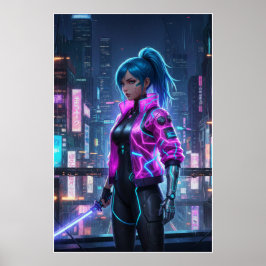 Neon-Cyberpunk-Mädchen | Kriegerin der futuristisc Poster