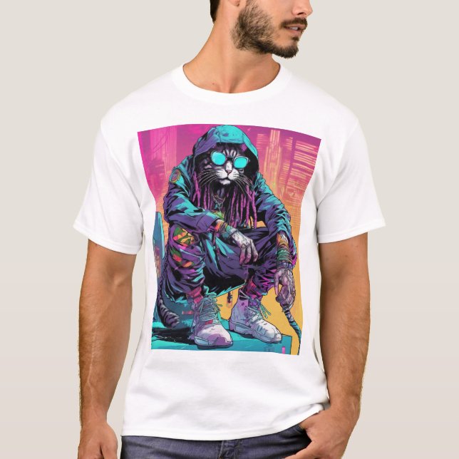 Neon Cyberpunk Rastafari Cat T-Shirt (Vorderseite)