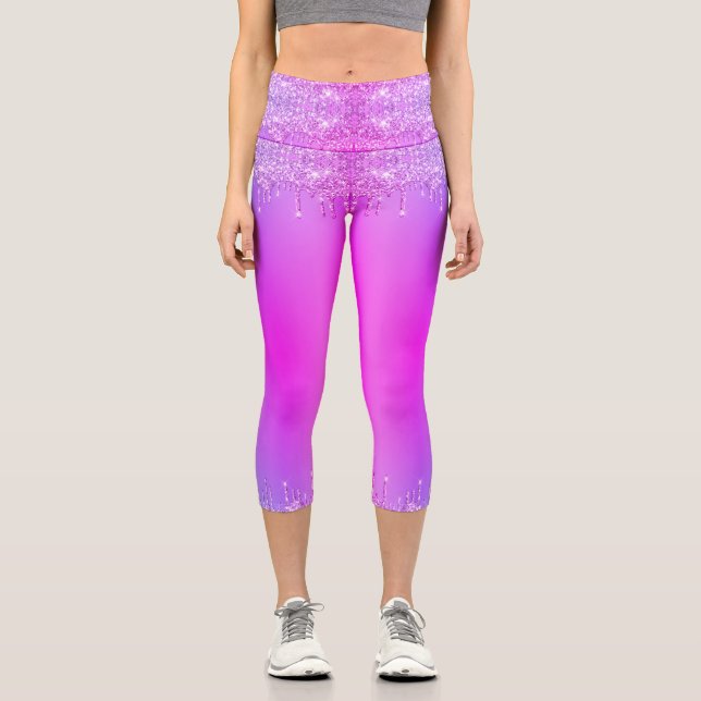 Neon Dance Capri Leggings Lila Rosa Glitzer (Vorderseite)
