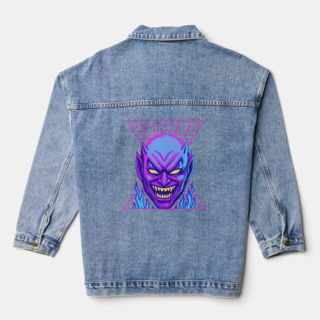 Neon Devil Synthwave Demon Head Retro Horror Jeansjacke (Rückseite)