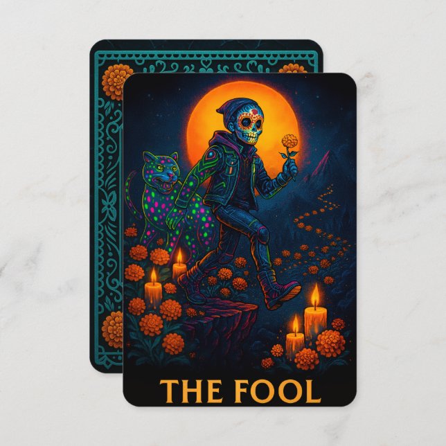 Neon Dia de los Muertos The Fool Tarot Card (Vorne/Hinten)