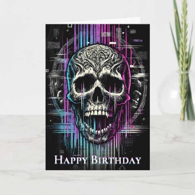 Neon Digital Decay Gothic Cyber Skull Dankeskarte (Vorderseite)