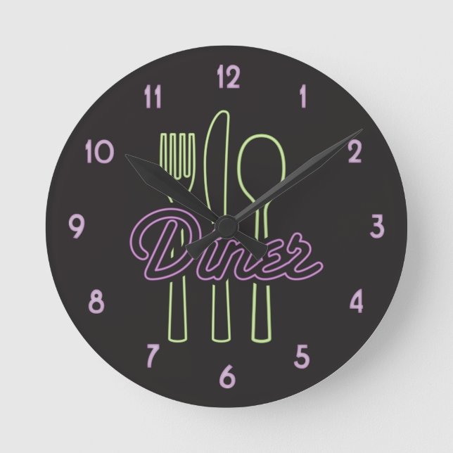 Neon Diner Green, lila Silverware aus den 50er Jah Runde Wanduhr (Vorderseite)