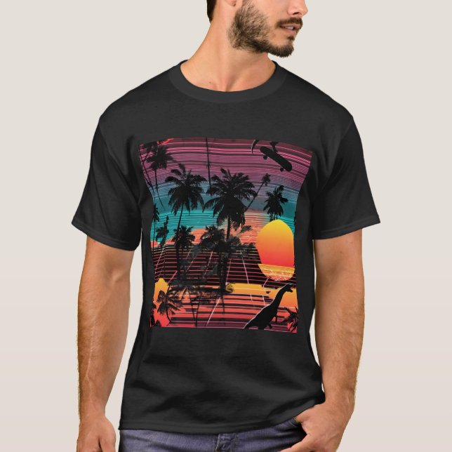 Neon Dinosaur and Skater at Sunset T-Shirt (Vorderseite)