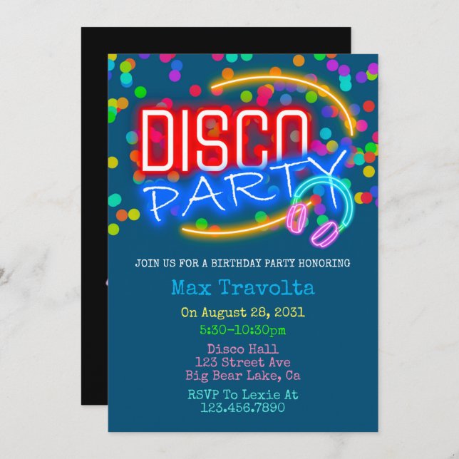 Neon Disco Geburtstagsparty Einladung (Vorne/Hinten)