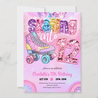 Neon-Disco-Rollschuhfahren zum 12. Geburtstag Einladung