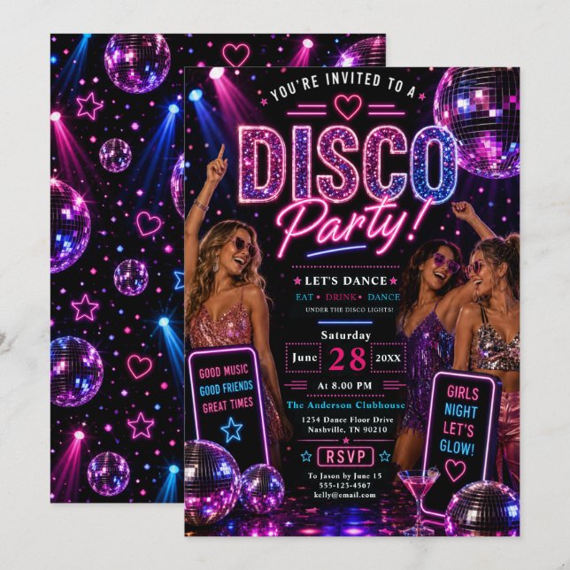 Neon-Diskoparty Einladung (Vorne/Hinten)