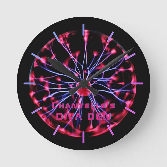 NEON DIVA DEN - Plasma Ball Personalisiert Runde Wanduhr (Vorderseite)