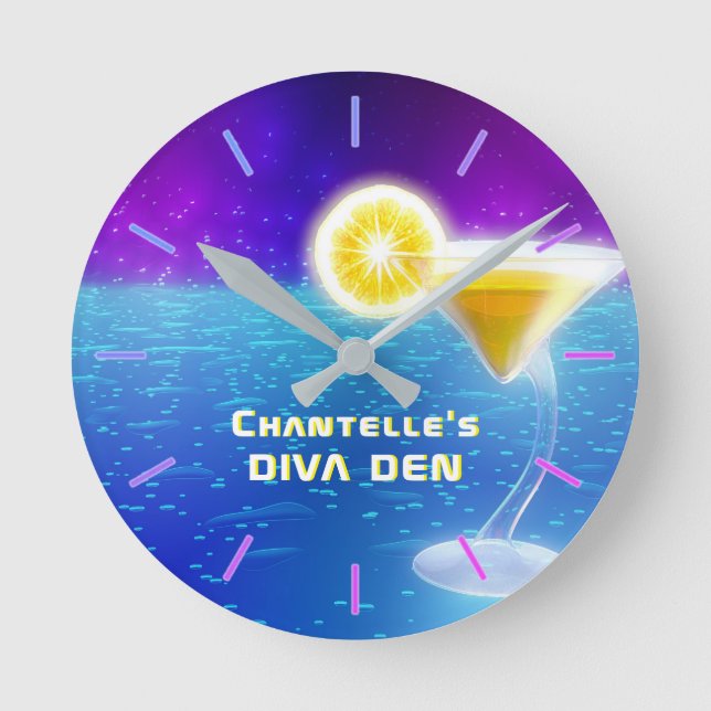 NEON DIVA DEN - Tropische Cocktails Personalisiert Runde Wanduhr (Vorderseite)