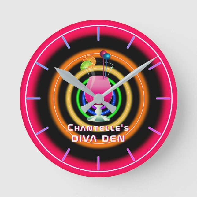 NEON DIVA DEN - Tropische Cocktails Personalisiert Runde Wanduhr (Vorderseite)