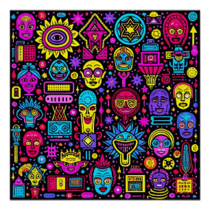 Neon Doodle Faces - Vibrant Street Art Pattern Poster