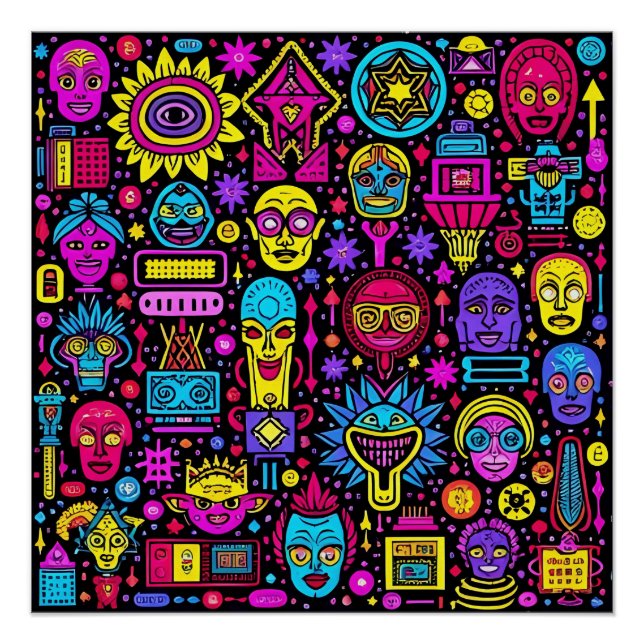 Neon Doodle Faces - Vibrant Street Art Pattern Poster (Vorderseite)