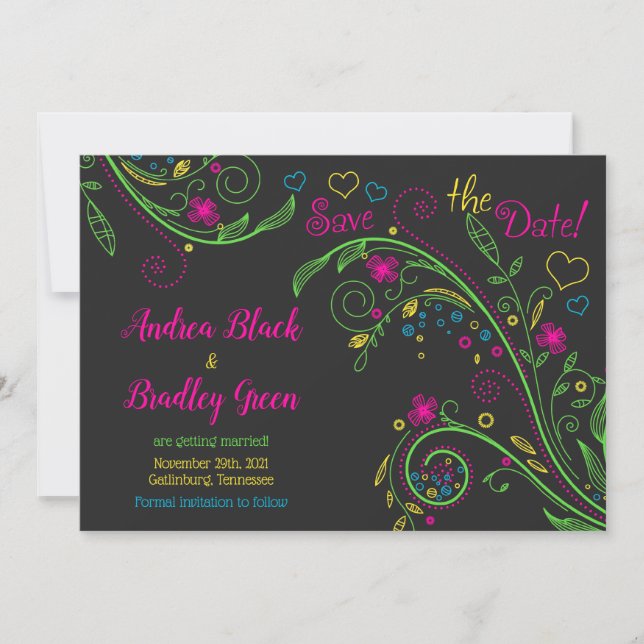 Neon Doodle Floral Wedding Save the Date (Vorderseite)