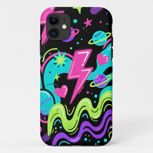 Neon Doodle Pattern Phone Case on Black  (Rückseite)