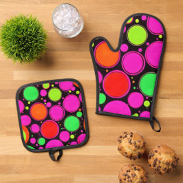 Neon Dot Party Ofenhandschuh & Topflappen-Set
