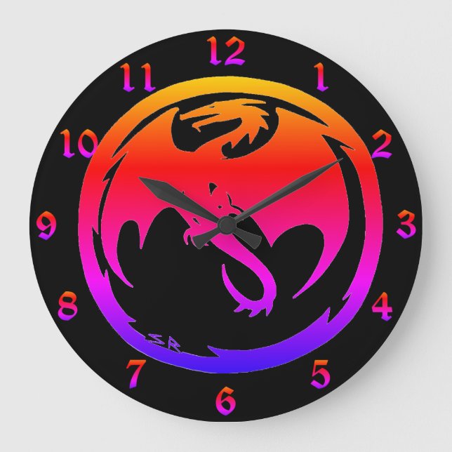 Neon Dragon Black Wall Uhr mit Zahlen (Vorderseite)