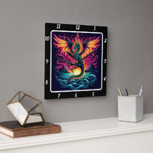Neon Dragon, kosmischer Sturm Quadratische Wanduhr