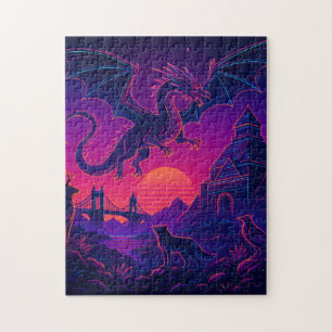 Neon Dragon Realm – Synthwave Fantasy Landscape Puzzle